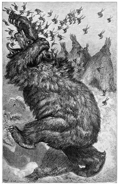 A panicked bear runs away from bees swarming around its head, after it raided and turned over their hives.