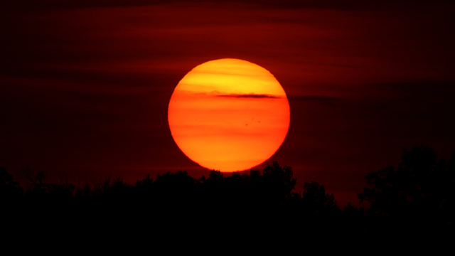 Photograph of a large Sun at sunset with yellow and orange stripes from clouds and several small sunspots visible. The sun is setting into a treeline with a dark red sky behind.