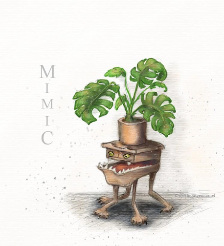 Zeichnung eines Blumentischchens im Comicstil. Das Möbelstück sieht aus wie ein Monster mit geöffnetem Maul und trägt einen Blumentopf mit einer großblättrigen Grünpflanze (Monstera) auf dem Kopf. Daneben steht in grauen Großbuchstaben "Mimic".