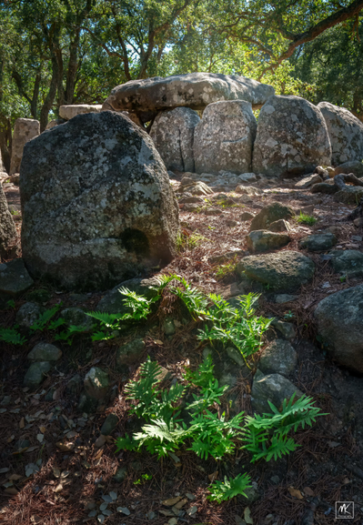 Color photo of an ancient stone tomb or dolmen composed of stacked large boulders with other boulders in the foreground that are part of a ring around the tomb. Below that the sunlight is hitting a patch of green fern-like plants. 