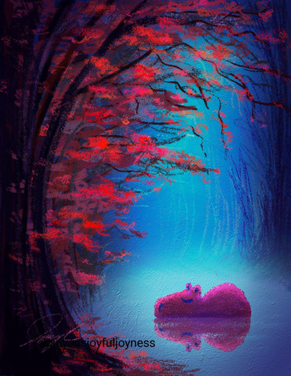 Painting of a capybara sleeping under a tree with bright red fall leaves and is illuminated by blue light. The artist's signature and watermark @joyousjoyfuljoyness are at the bottom left.