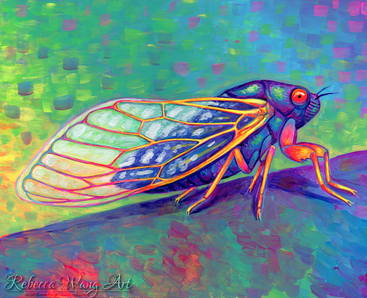A colorful painting of a 17 year cicada.