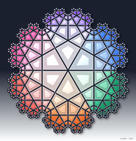 Abstract Mathematical Art. Tiling of identical kite shapes n different sizes, resembling a snowflake. In rainbow pastel colours. 