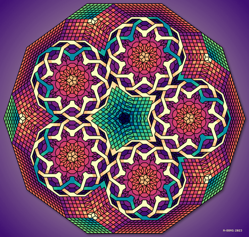 Tiling in magma and inverted magma color scales over purple/bright yellow circular gradient