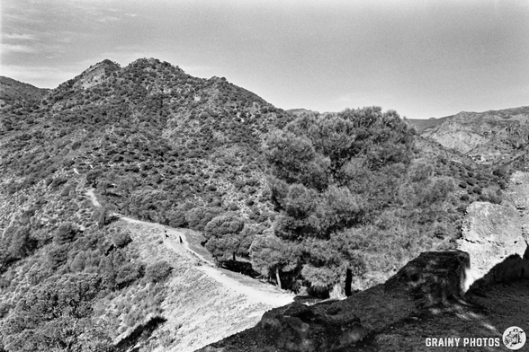 Black and white photo of a rugged mountain landscape with a winding dirt path, dense trees, and rocky terrain. The sky is clear, and the image has a grainy texture.