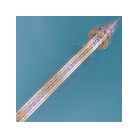 a slightly blurry long exposure shot of one of the attractions at munich's oktoberfest. an actually vertical tower is framed diagonally within the square image