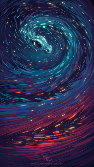Speedy shapes from warm colors to cold travel to the center of attention. A dragon appears to be creating another universe, filling the entire area. Destroying and rebuilding. https://www.deviantart.com/sylviaritter/art/Speedpainting-26012023-946761234
