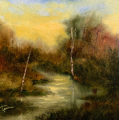 An autumn landscape oil painting by Tisha Mark, "Autumn Dawn" 6"x6" oil on Ampersand Gessobord (2021). A sunrise with yellow light over a woodsy landscape with a river or a creek running through it. The foliage is turning fall colors. Light reflects in the water. 