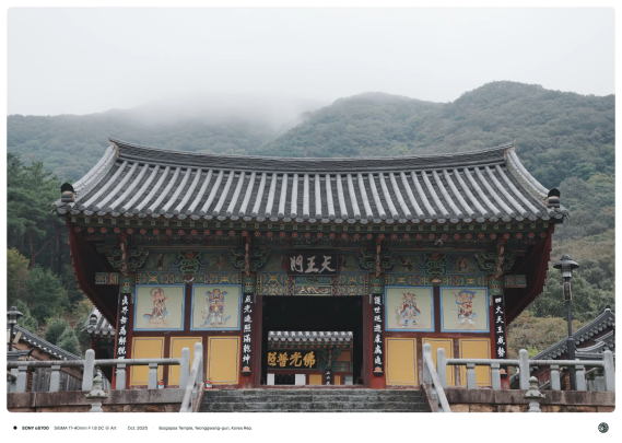 영광군 소재의 사찰 "불갑사"의 천왕문(天王門) 뒤로 사찰 건물과 안개 낀 불갑산이 보이는 모습.