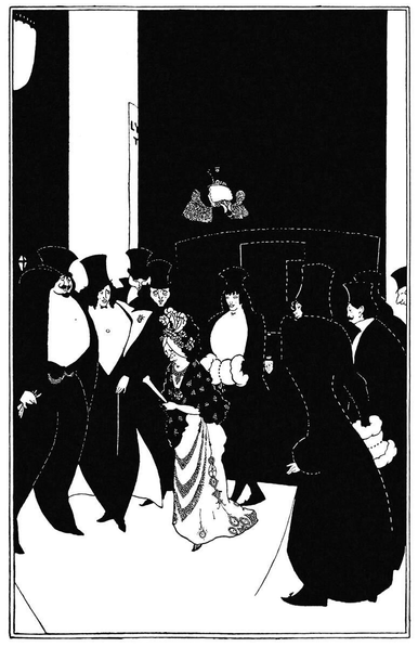 An older woman, wearing a feathered headdress, a black shawl, and a gown, has just stepped out of a cab and is walking between two rows of tall figures dressed in evening attire.