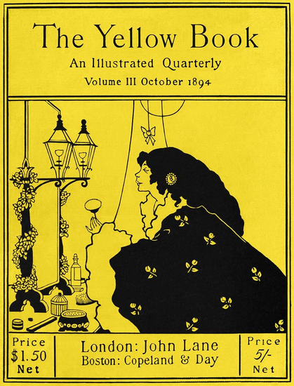 Front cover of the third issue of the Yellow Book featuring a woman sitting at her dressing table as she holds a powder brush in front of an ornate mirror, which is fitted with two lanterns.