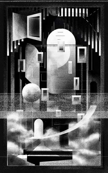 A black and white abstract illustration featuring geometric architectural forms. A large central archway dominates the composition, surrounded by floating rectangular frames of varying sizes. A spherical shape stands on a thin stem in the lower left area, while soft clouds or mist occupy the bottom. The image includes gradients of light and shadow, creating depth and a sense of space reminiscent of a surreal interior or stage-like environment.