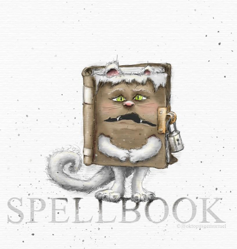 Zeichnung im Comicstil: Ein schlecht gelaunt dreinblickendes Mischwesen aus braunem Buch und hellgrauer Katze mit grünen Augen. Das Buch ist mit einem Vorhängeschloß gesichert. Das Wesen steht aufrecht auf ausgegrauten Großbuchstaben, die das Wort "Spellbook" bilden. 
