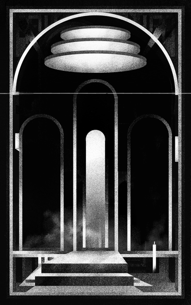 A black and white, pixelated digital drawing depicting a semi-abstract environment, a door in the center, a light coming from above, a frame on the drawing being part of the environment, a mysterious and solemn atmosphere