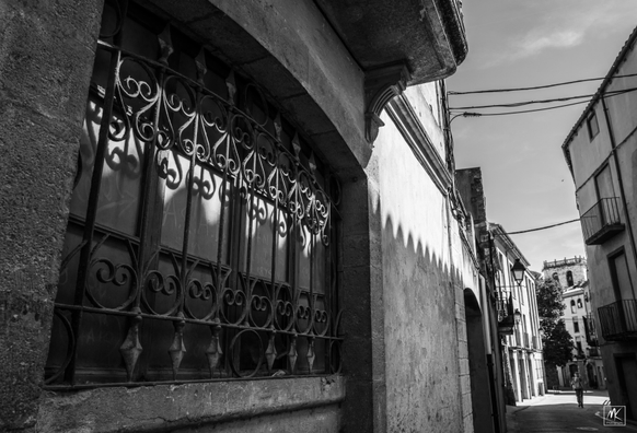 Black and white photo of a decorative iron grate covered window and a view of the street it faces. 