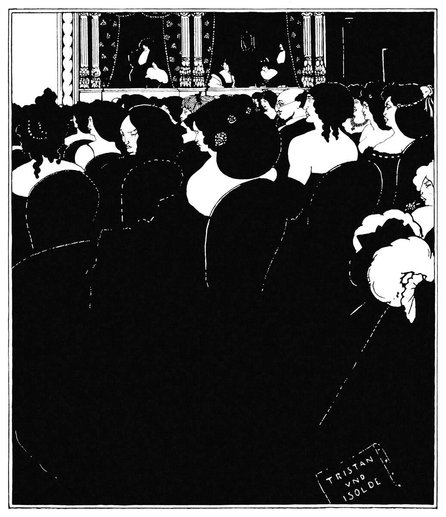 View of the orchestra section of an opera house where Wagner’s Tristan und Isolde is being performed for a largely female audience. At the far end of the theater, a few figures can be seen on the balcony, while in the bottom right-hand corner of the drawing, a fallen program bears the title of the opera.