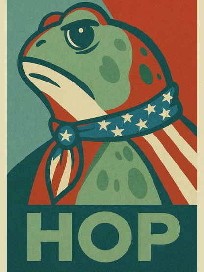 a cartoon frog with a bit of a glare wearing a cape evocative of the US flag in a poster setting similar to the HOPE Obama posters, captioned HOP. I tried to find an original source but couldn't.