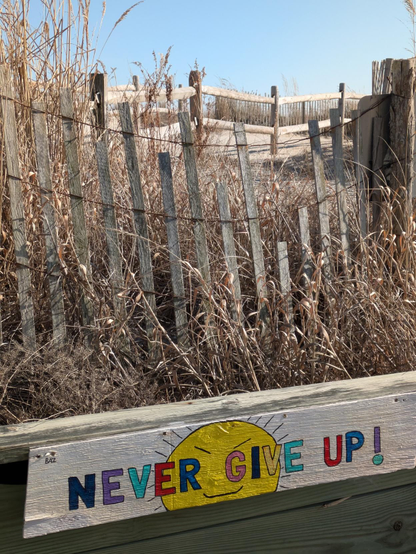 Photo of a multicolored sign fastened to a wooden board in front of a snowfence, dune grass and a wooden fence, all below blue sky. The sign says:

NEVER GIVE UP! "

Against a white background, the letters are painted different colors and there is a cartoon sun, complete with a smiling face, drawn in the middle of the sign.
