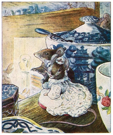 Two mice stand next to a cup and a sugar bowl on a shelf that overlooks a fireplace.