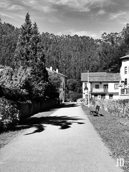 Fotografía en blanco y negro de un sendero rural que se adentra en un paisaje montañoso. El sendero pavimentado, que ocupa el centro de la imagen, está parcialmente cubierto por sombras alargadas de árboles, creando un contraste dramático. A la izquierda, un muro de piedra bajo está bordeado por vegetación densa y un alto árbol conífero, detrás del cual se asoma parte de una casa. A la derecha, otro muro de piedra y un banco de madera sobre la hierba complementan el camino. Más allá, se distingue una casa tradicional de dos pisos con tejado de tejas, paredes blancas y balcones. Al fondo, una densa ladera montañosa cubierta de árboles se extiende bajo un cielo parcialmente nublado.