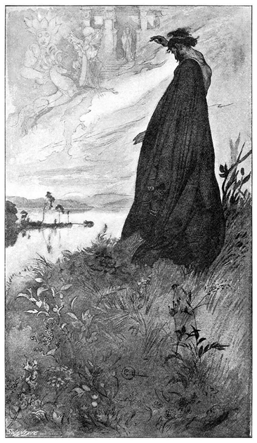 A man stands on a grassy height, overlooking a stretch of water as he contemplates "the flashing chariot" of the rising sun.