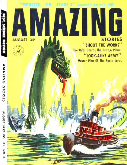 A tugboat, in what looks like a New York harbour, is menaced by a long-necked dinosaur/serpent creature rising from the sea, destroying another boat. Several figures are swimming in the water in front of the boat.
Amazing Stories magazine cover from 1957.
