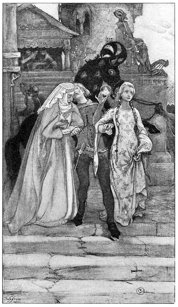 A man walking down an outdoor stairway is too weak to support himself and must lean on two women.