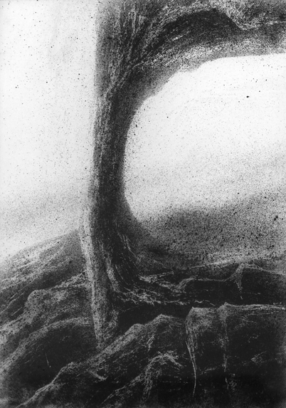 A black and white abstract drawing resembling a rocky landscape dominated by a large, curved vertical form rising from the ground and bending toward the upper right. The surface is textured with dense areas of stippling and sweeping charcoal-like strokes, creating the impression of erosion, dust, or wind. The composition evokes a natural arch or geological formation emerging from a dark, rugged terrain into a lighter sky