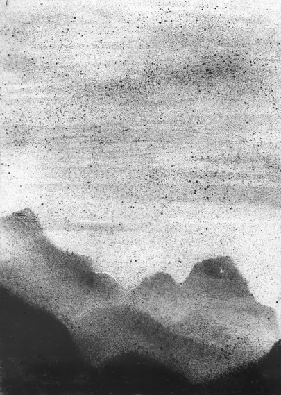 A black and white abstract drawing describing a misty landscape with mountain and a lighter sky