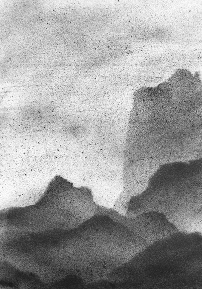 A black and white abstract drawing describing a misty landscape with mountain and a lighter sky