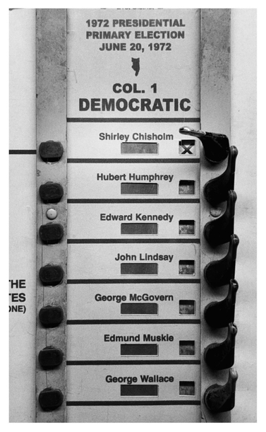 Black and white photo of a vertical list of candidates on the face of a mechanical voting machine. At the top is text that reads “1972 Presidential Primary Election / June 20, 1972” followed by “Col. 1 / DEMOCRATIC” and the candidates’ names: Shirley Chisholm, Hubert Humphrey, Edward Kennedy, John Lindsay, George McGovern, Edmund Muskie, George Wallace. To the right of each name is a square window and a small black lever;  most of the windows are blank with the levers pointed up, while the lever for Chisholm has been pulled down, causing an “X” to appear in her window.