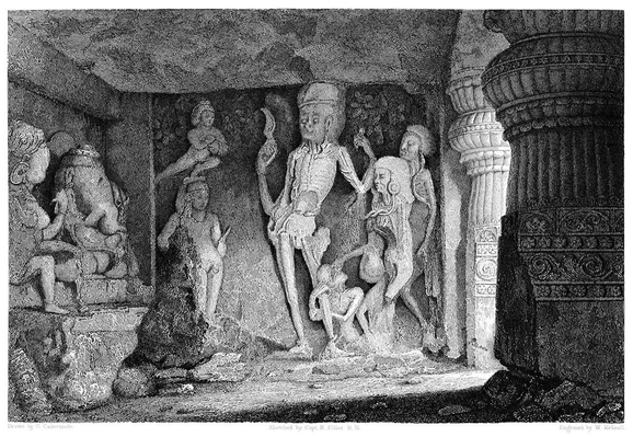 View of a group of figures carved into the walls of the Rameshwar Temple at the Ellora Caves, with sunlight streaming into the room through two ornate pillars on the right side of the picture. The authors describe the carved scene as follows:
"The singular collection of skeleton figures represented in the accompanying plate, occupies a recess of the temple on the right-hand side of the entrance, and forms a striking contrast to the joyous character of the groups in each of the other compartments or recesses. Of this design, it will be seen the principal figures are represented as skeletons, with two children of the same description clinging to their fleshless limbs."