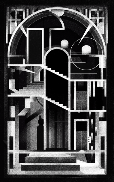 Black-and-white composition showing an architectural interior made of arches, staircases and geometric structures. The space appears complex and fragmented, with a strong contrast between light and shadow. A single human silhouette stands at the bottom of the image. The title, “Tristesse encore”, suggests an emotional dimension behind this constructed and ordered environment.

(Description generated by AI and me)