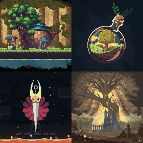 4 pixelart gifs: A teapot-shaped house in the forest, a tree in a bottle, Hornet from Hollow Knight and the Erdtree from Elden Ring