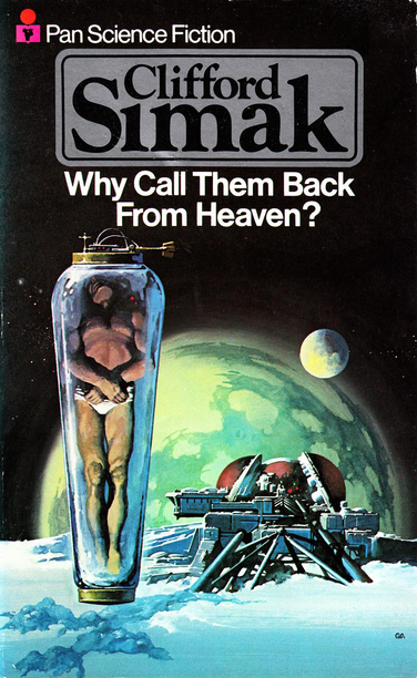 an unconscious man in his skivvies is pictured in a transparent, coffin-shaped bottle that is consistent with the "cryogenic sleep pod" science fiction trope, behind this and unrelated is the surface of an ice planet or moon or something with a construction on it like a habitat or colony in a hostile environment.  behind this is a green planet and another moon rising from the horizon