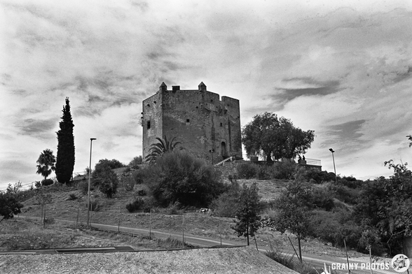 A stone castle with battlements, the Castillo de Vélez de Benaudalla, sits atop a hill surrounded by trees and shrubs under a cloudy sky. A path winds up the hill, with lamp-posts and a tall cypress tree nearby. The image is in black and white.