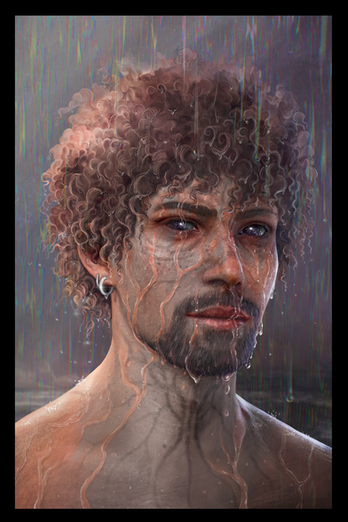 Digital portrait painting of a curly haired man in the rain. The rain and water is washing off the desaturation. 