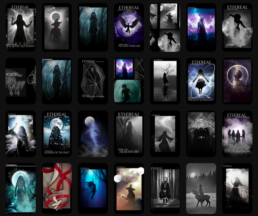 Image of loads of tiny pictures of digital drawings and book cover design. All gloomy, aesthetic, fantasy type images. 