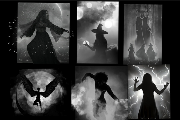 Collage of six black and white digital drawings related to the Ethereal series. Fantasy images. 