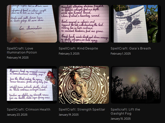 Overview of six spell designs as shown on my blog, Black background grid. Handwritten notes, photo of the moon, charm on a drawing. 