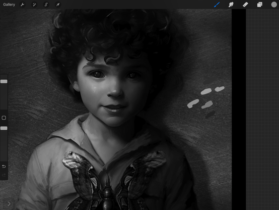 Work in progress screenshot of a digital painting of a innocent looking curly haired bug holding a large moth. He has stars in his eyes. Literally. Black and white image. Utterly adorable. 