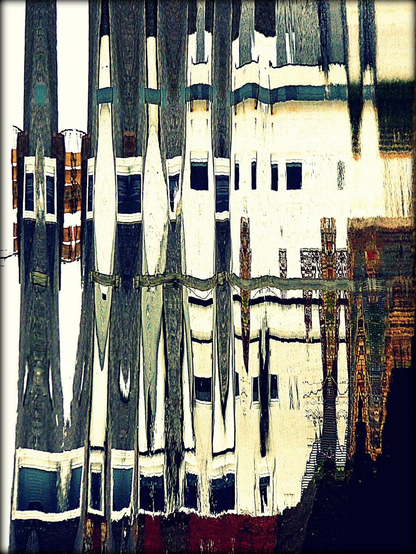 A colour photograph showing a reflection of buildings on a slow flowing river. The image is largely a white canvas with vertical details such as windows passing through the frame.