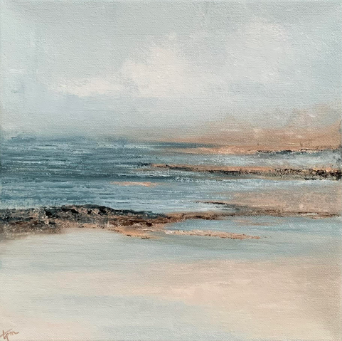 Original seascape oil painting by Tisha Mark, "Tide Pools VI" 12"x12" oil on canvas (2022). A soft, abstract-leaning seascape painting inspired by tide pools of wintertime. Painted in a soothing palette of light blues, whites, and soft browns.