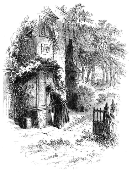 A woman glances inquisitively through the window of a country house, curious about what's happening inside.