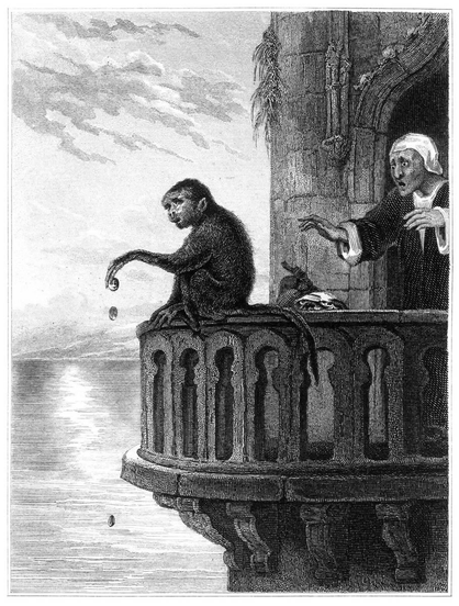 A monkey sits on a parapet at the top of a tower overlooking the sea, throwing gold coins into the water. A man with a horrified expression approaches from behind, trying to stop him.
