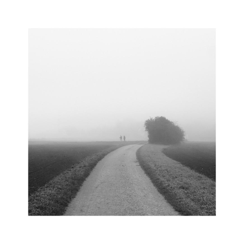 a square monochrome image showing a curved hazy trail disappearing in the distance. there's a little bush on the right, two tiny figures on the left of the trail