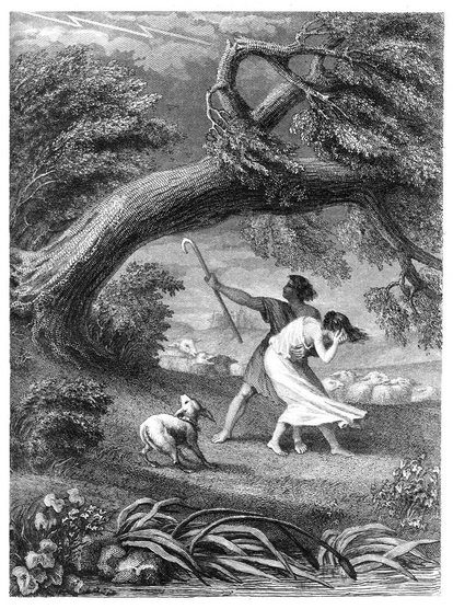 A shepherd and a young woman are caught in a storm as an oak, struck by lightning, is on the verge of falling behind them. The shepherd defiantly waves his crook at the sky.