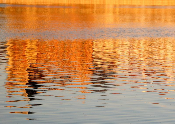 Une photo en couleur d'une rivière incendiée par les reflets cuivre et or des bâtiments qui longent la rive (et que lon ne voiit pas). Seule subsiste dans le tiers bas de l'image une frange d'eau bleutée dans lequel le ciel se mire. 