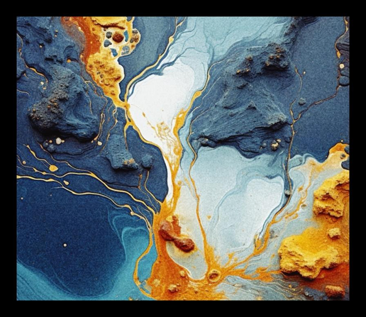 This is a close-up, abstract image featuring a marbled pattern of dark blue and orange fluid. The dominant color is a deep, navy blue, which forms swirling, vein-like shapes across the composition. Interspersed within the blue are irregular patches and streaks of a bright, golden orange, with some areas appearing more concentrated and textured than others. 