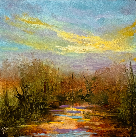 Original autumn landscape oil painting by Tisha Mark, "Autumn Mini No. 2501" 4"x4" oil on Ampersand Gessobord (2025). The painting shows a body of water reflecting colors from a sunset sky surrounded by trees that are turning red, brown, and gold.